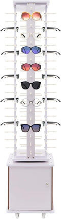 Sunglasses Display Rack, 72 Pairs Glasses Rack, 360° Rotating Eyeglasses Storage Organizer, Floor-standing Eyewear Holder, Glasses Display Stand with Storage Cabinet & Wheels, Lilac Color