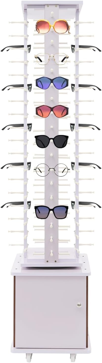 Sunglasses Display Rack, 72 Pairs Glasses Rack, 360° Rotating Eyeglasses Storage Organizer, Floor-standing Eyewear Holder, Glasses Display Stand with Storage Cabinet & Wheels, Lilac Color