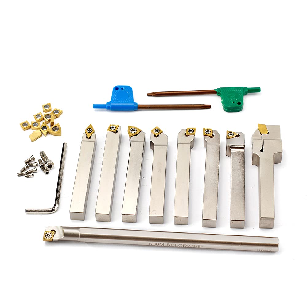 OSCARBIDE 3/8'Shank 9 Pieces/Set,Indexable Lathe Turning Tool Holder and Boring Bar,CNC Heavy-Duty Nickel Plated indexable Insert Holders for Turning Grooving Threading Cut Off