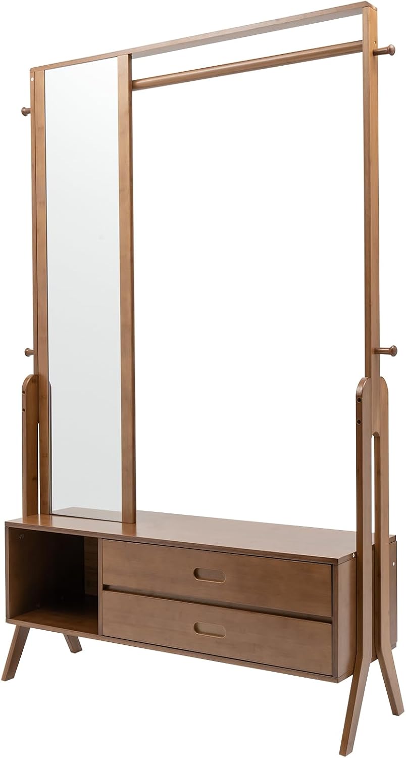 Bamboo Garment Rack with Mirror and Drawer,Floor Standing Closet Organizers,Coat Rack,Open Wardrobe for Entryway Bedroom Livingroom