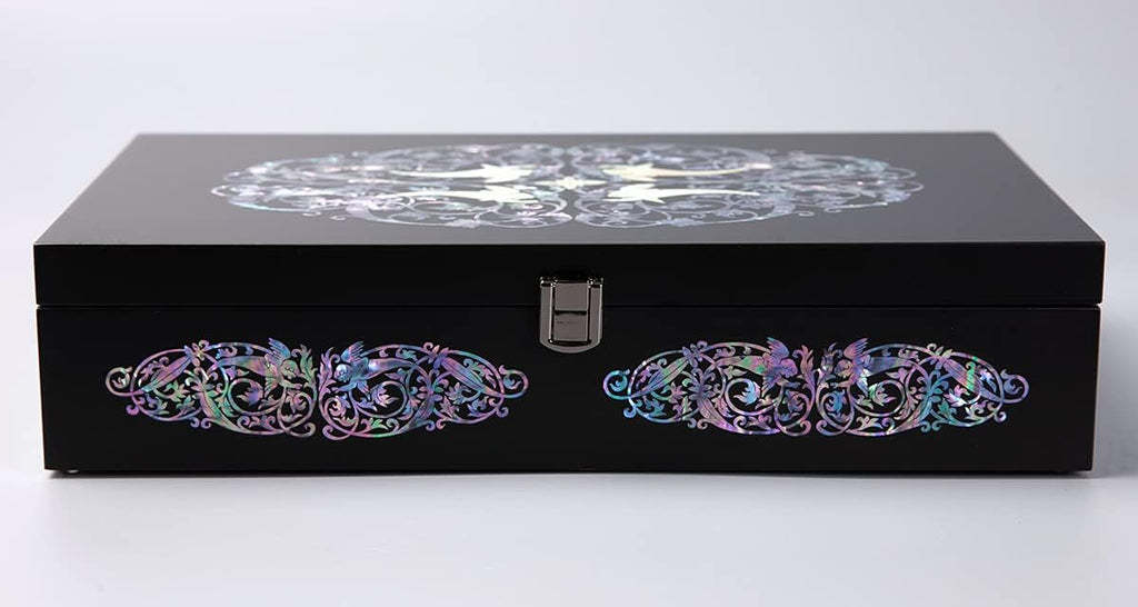 Antique Alive Mother of Pearl Wood Sunglasses Box Eyeglasses Valet Display Storage Case for Glasses, Watches, Jewelry, Trinkets Wooden Accessory Organizer Gift (Archangel Black)