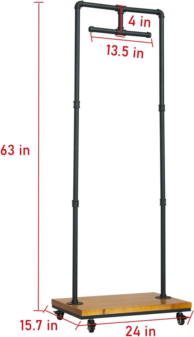 Clothing Store Rolling Garment Rack with Wheel,Industrial Pipe Clothing Storage Display Rack,Floor-Standing Hanging Rods Hangers Clothes Shelves (Black)
