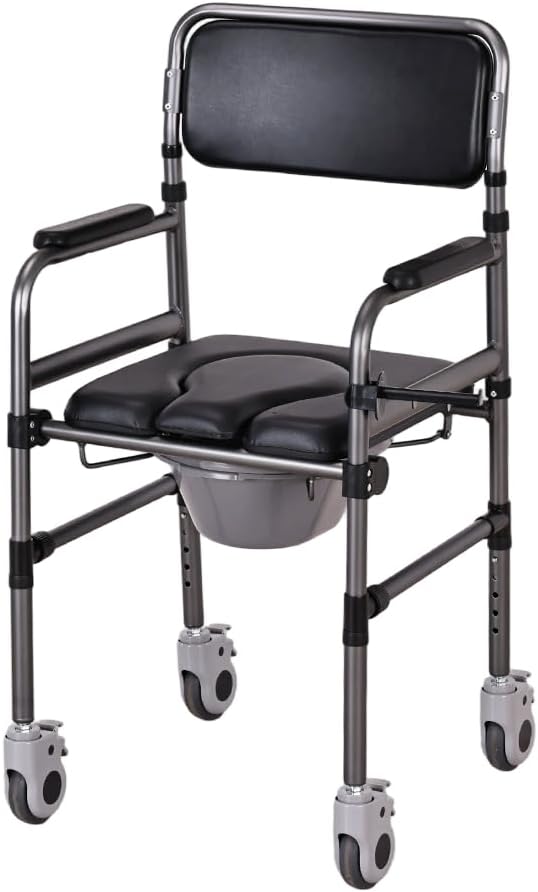 Bedside Commode Chair for Seniors, 3-in-1 Foldable Toilet Chair Wheels 400lbs Heavy Duty, Adjustable Shower Chair PU Seat Backrest, Portable Commode Elderly Disabled, Toilet-Round (OPEN TYPE)