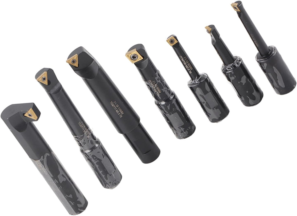 7Pcs Boring Tool Set, Indexable Cemented Carbide Turning Bar Holder, Round Shank Boring Bar for Lathe and Boring Machine, F1-18 with Wood Block Storage