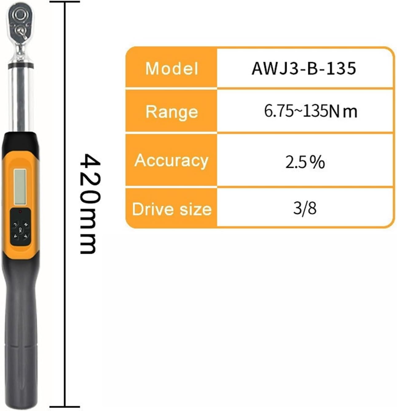 BIRAN Torque Wrench AWJ3-B-135N.M 135N.M Preset Digital Torque Wrench Hand Repair Tool(3/8 AWJ3-B-135)