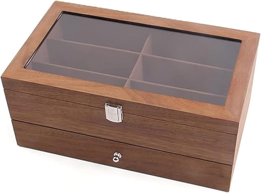 2 Layer Wooden Sunglasses Storage Case - 12 Slot Organizer with Clear Display Top & Drawer for Jewelry, Accessories, Eyewear, and Sunglasses Storage