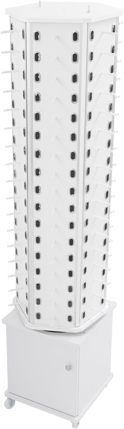 Sunglasses Retail Display Rack, 6-Sided Wood Floor-standing Eyeglass Holder, 102-Pair Eyewear Holder, 360°Rotating, with Storage Cabinet & 4 Swivel Wheels for Retail Exhibition (White)