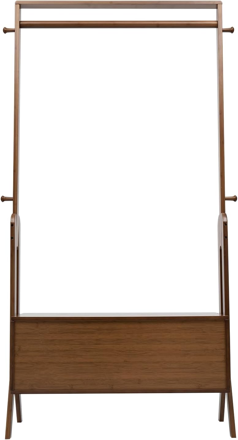 Bamboo Garment Rack with Drawers, Freestanding Wooden Clothing Rack with Hooks, Heavy Duty Coat Rack with Shelves Multifunctional Open Wardrobe Closet Organizer for Entryway Bedroom Indoor (A)