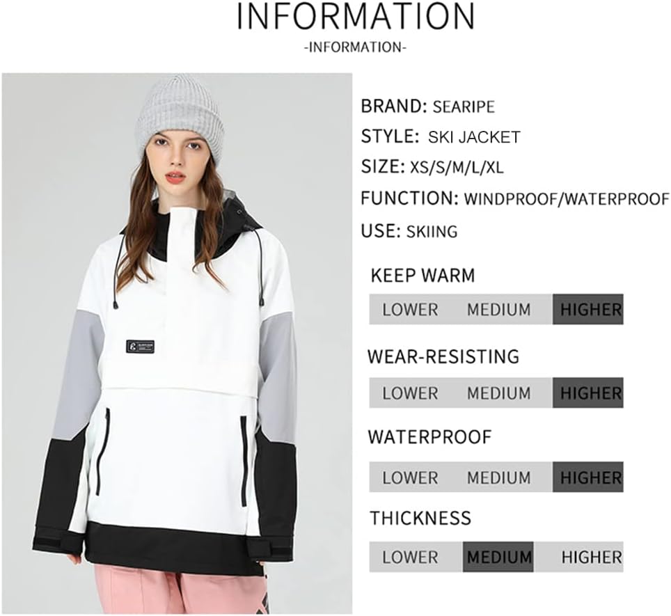 SEARIPE Womens Ski Jacket Mens Snow Jacket Waterproof Winter Snow Coat Couples Pullover Snowboard Hooded