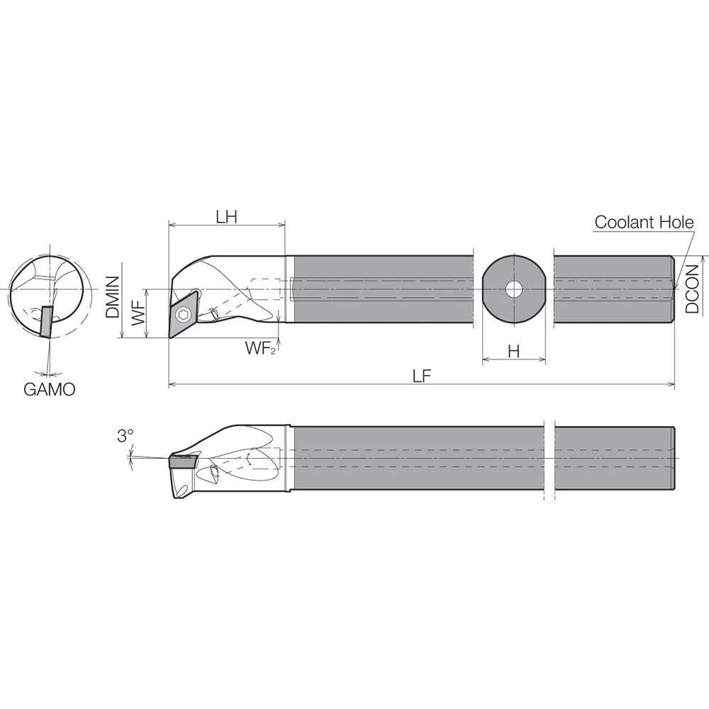 Kyocera E16XSDUCL1123A Left-Hand, Positive Rake, Dynamic Bar Coolant-Through Boring Bar with 3 Degree Lead Angle and 23.00mm Minimum Bore Dia.