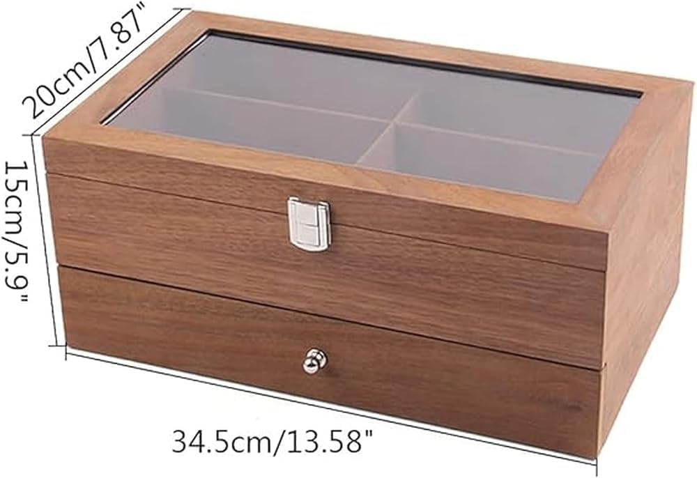 2 Layer Wooden Sunglasses Storage Case - 12 Slot Organizer with Clear Display Top & Drawer for Jewelry, Accessories, Eyewear, and Sunglasses Storage