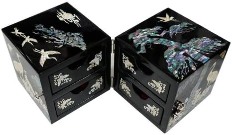 Antique Alive Mother of Pearl Inlay Design Jewelry Box, Wood Jewelry Box, Trinket Case, Keepsake Treasure Chest Box Organizer Holder (Black Pine)