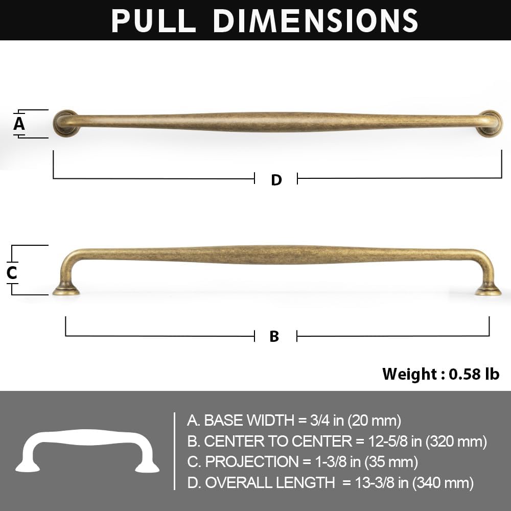 Antique Brass Transitional Cabinet Pulls, 12-5/8 in Hole Centers, 6 Pack Zinc Alloy Handles for Kitchen Drawers Dresser Vanity