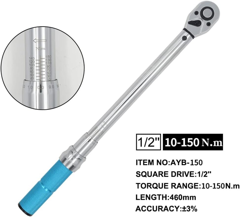 Preset Torque Wrench, 1/2 Inch Drive Click Torque Wrench Adjustable Ratchet Wrench Hand Tool with Storage Box for Car and Bike Repairing (10-150N.m)