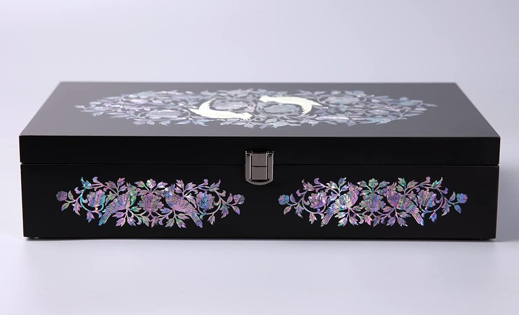Antique Alive Mother of Pearl Wood Sunglasses Box Eyeglasses Valet Display Storage Case for Glasses, Watches, Jewelry, Trinkets Wooden Accessory Organizer Gift (Parrot Black)