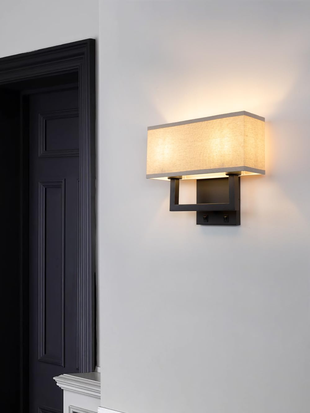 Yosoan Set of 2 Linen Fabric Boho Wall Sconce Bedside Light with On Off Switch, 2-Light Finished Hardwired Vintage Industrial Dual Wall Mount Lamp Square Shade for Bedroom Living Room Stairwell(Black)