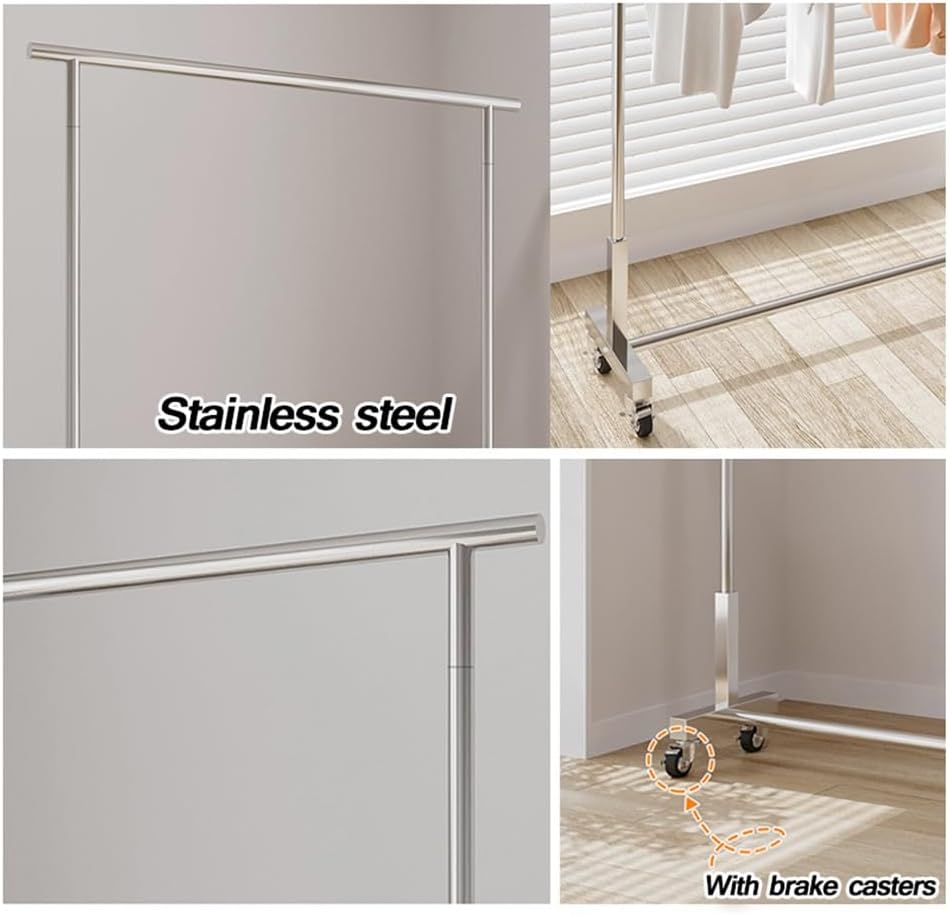 Heavy Duty Rolling Clothes Rack with Wheels - Steel Garment Rack for Hanging Clothes - Portable Clothes Organizer for Bedroom & Laundry Room - Silver, 60x40x130cm