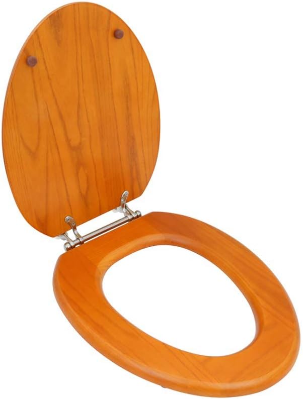 Renovators Supply Manufacturing™ Light Oak Wooden Elongated Toilet Seat with Chrome Hinges & Stabilizers – Solid Hardwood, Durable Cross-Frame Design
