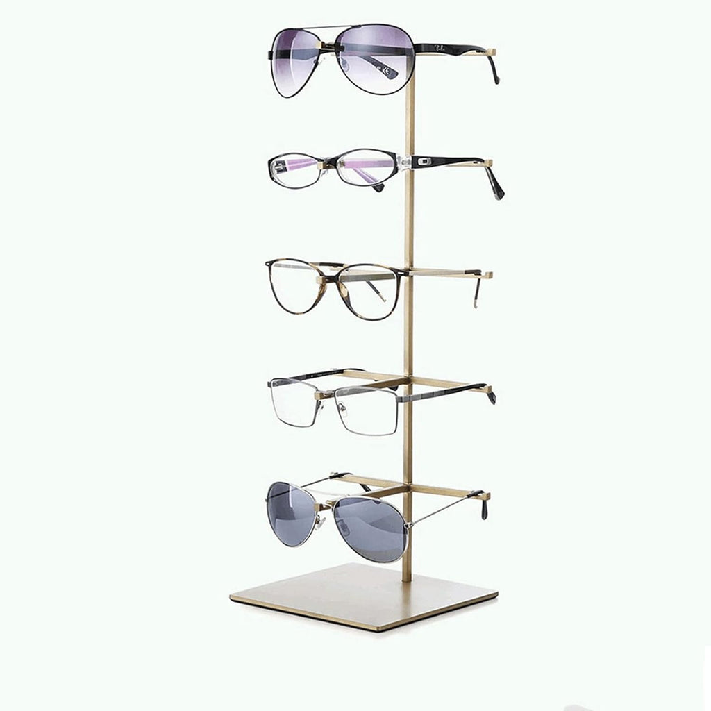 Metal Sunglasses Display Stand,5-Tier Retail Eyewear Holder Countertop Sunglass Organizer Shelf,Reading Glasse Holder Jewelry Tray (Gold 5th Floor)