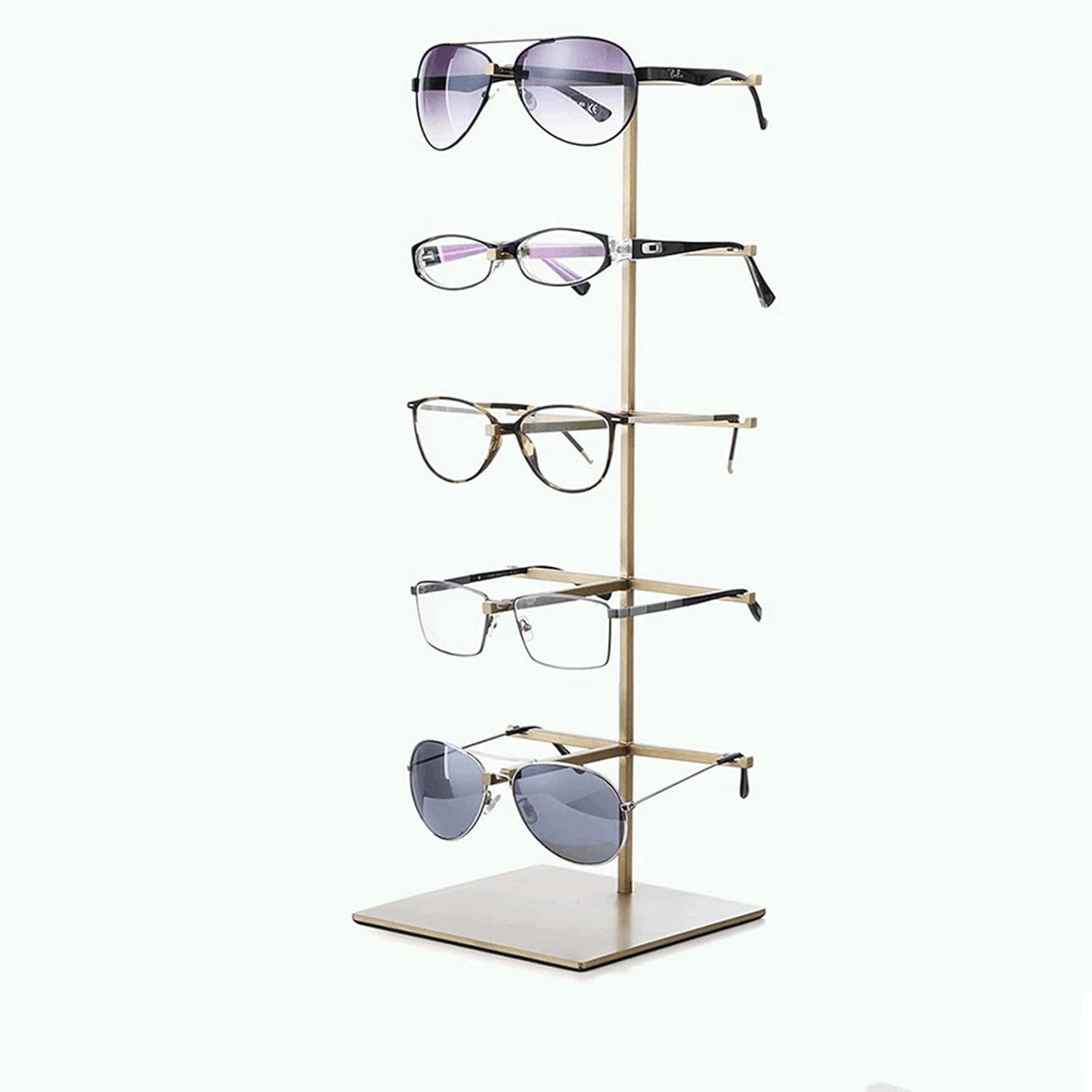 Metal Sunglasses Display Stand,5-Tier Retail Eyewear Holder Countertop Sunglass Organizer Shelf,Reading Glasse Holder Jewelry Tray (Gold 4th Floor)