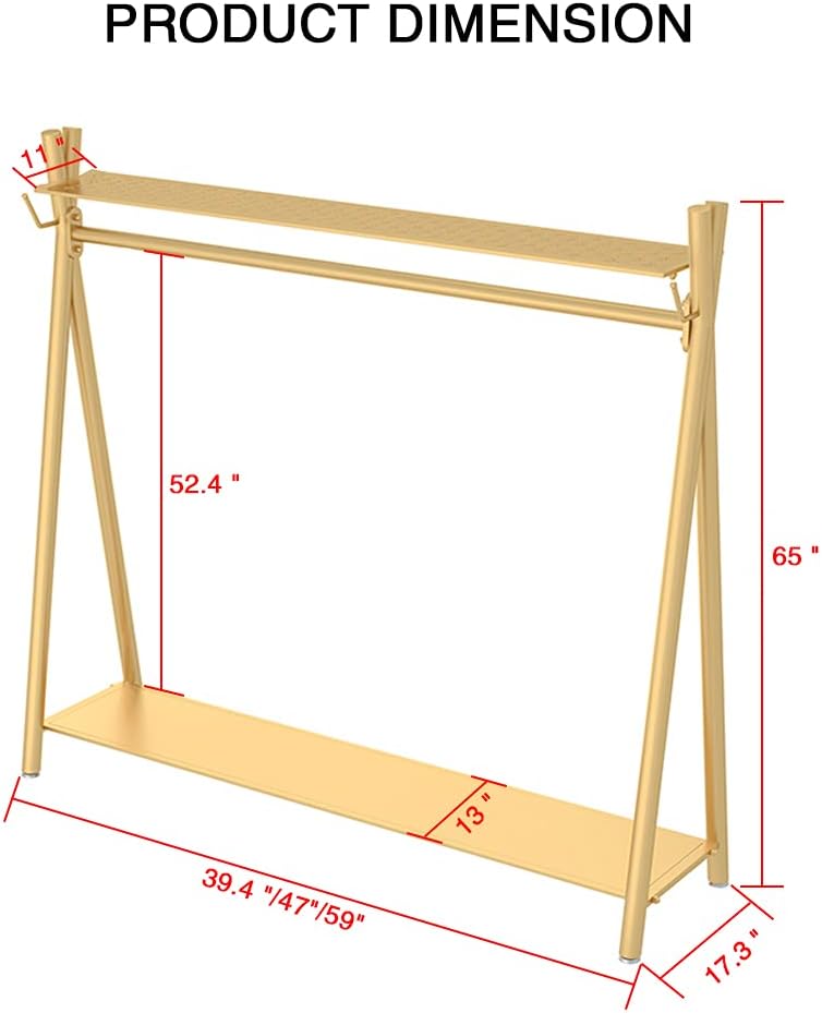 Clothes rack Gold, Freestanding Industrial Garment Rack with Double shelves Multi-functional Bedroom Hanging Clothing Rack,Heavy Duty Coat Rack Organizer for Bedroom Shoes 1 pack (39'' L)