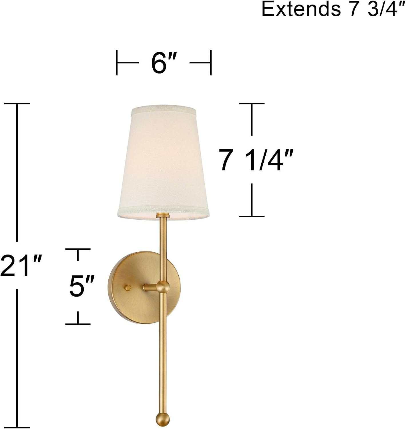 Possini Euro Design Elena Modern Wall Light Sconces Set of 2 Warm Brass Gold Metal Hardwired 6' Cream Linen Shade for Bedroom Bedside Living Room House Home Hallway Dining Kitchen