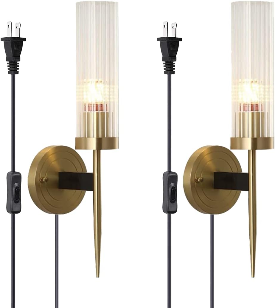 Brass Plug in Wall Sconces Set of Two Indoor Wall Mounted Lights Industrial Vintage Wall Lights Fixture with Clear Glass Shade Wall lamp Set of 2 for Bedside Bedroom Indoor Doorway E26 Base