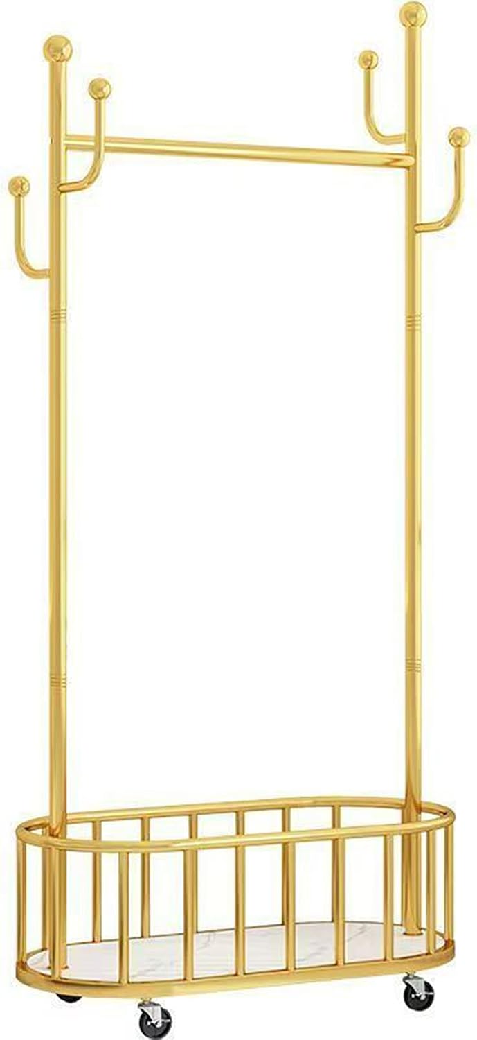 Gold Rolling Clothing Rack with Wheels and Basket Storage,31.5IN Metal Moveable Large Coat Rack Decorative Gold Clothing Rack for Hanging Clothes