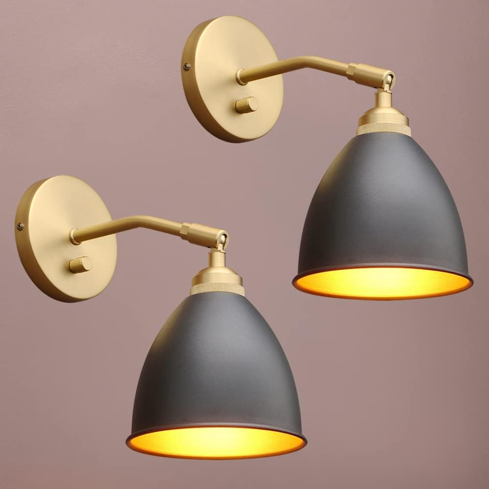 Yosoan Vintage Wall Sconce Bookcase Light, 2-Pack Dimmable On Off Switch Industrial Mount Metal Fixture Lighting with 6.1' Oval Black Metal Shade in-Build Gold and Antique Canopy Reading Lamp