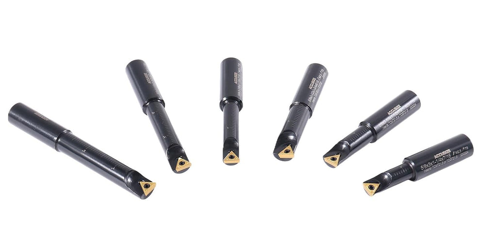 Accusize Industrial Tools Round Shank Indexable Boring Bar, 5/8 in | 6-Piece Set with TCMT 21.5 Carbide Inserts, 90 Degree, Bore Depth 1-1/4 in to 2-7/8 in, 2627-9106
