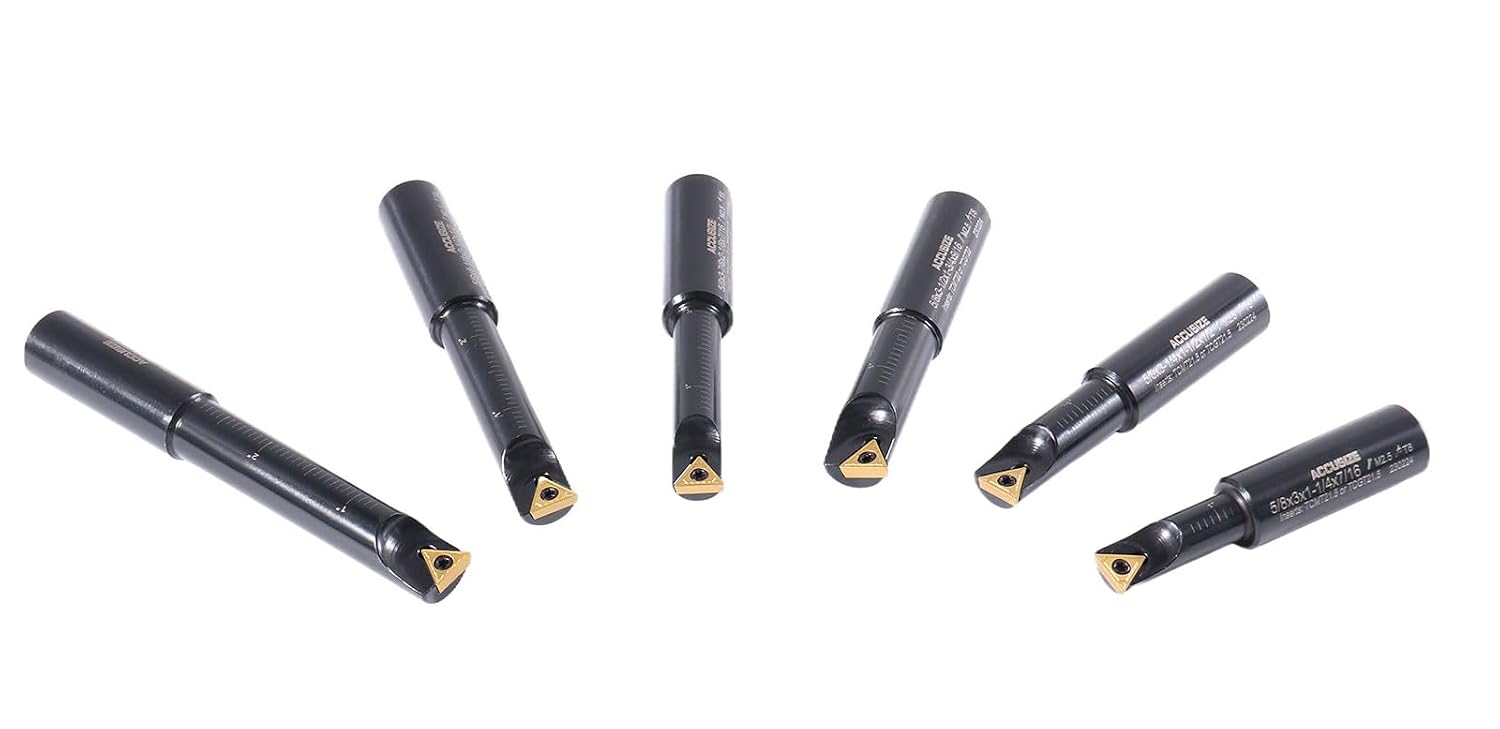 Accusize Industrial Tools Round Shank Indexable Boring Bar, 5/8 in | 6-Piece Set with TCMT 21.5 Carbide Inserts, 90 Degree, Bore Depth 1-1/4 in to 2-7/8 in, 2627-9106