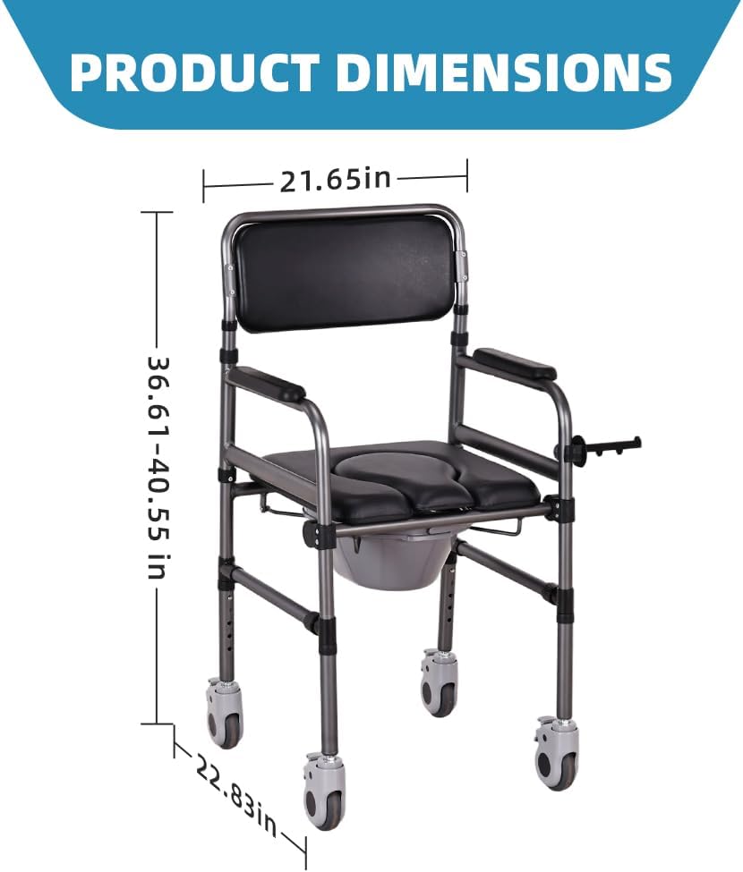 Bedside Commode Chair for Seniors, 3-in-1 Foldable Toilet Chair Wheels 400lbs Heavy Duty, Adjustable Shower Chair PU Seat Backrest, Portable Commode Elderly Disabled, Toilet-Round (OPEN TYPE)