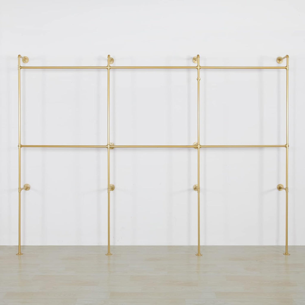 Wall Mounted Industrial Pipe Clothing Garment Racks, Metal Clothing Store Display Stands Clothes Rack Multi-purpose Heavy Duty Hanging Rod for Closet Storage, 134in Gold