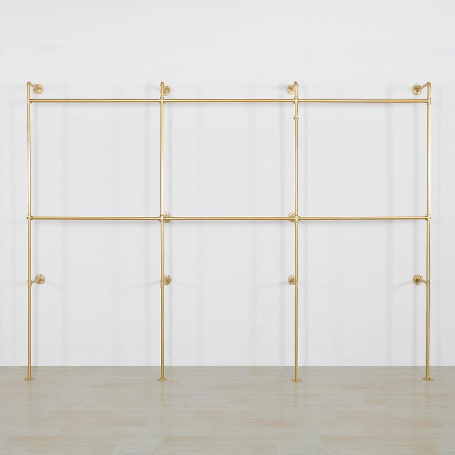 Wall Mounted Industrial Pipe Clothing Garment Racks, Metal Clothing Store Display Stands Clothes Rack Multi-purpose Heavy Duty Hanging Rod for Closet Storage, 134in Gold