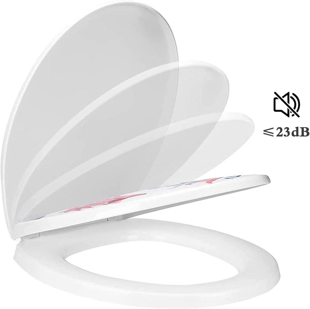 Toilet Seat Toilet Seat White Soft Close, Simple Top Fixing, Oval Shape Toilet Lid Loo Seat(Flower and Bird)