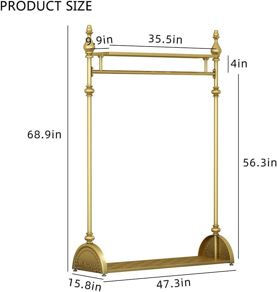 Clothing Rack Gold, Freestanding Heavy-Duty Garment Rack with Double Storage Shelves, Mobile Metal Coat Rack & Shoe Organizer for Bedroom Entryway Closet