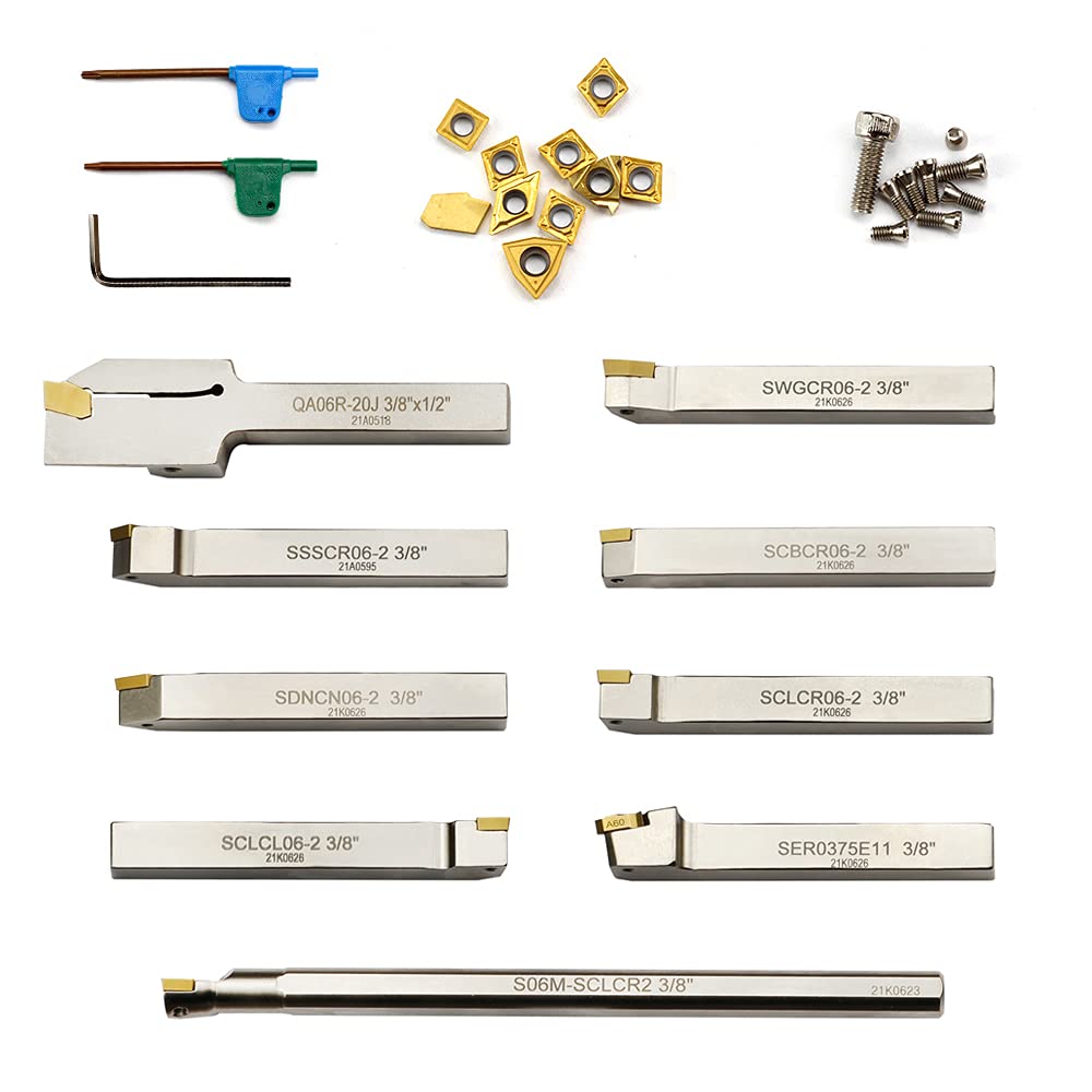 OSCARBIDE 3/8'Shank 9 Pieces/Set,Indexable Lathe Turning Tool Holder and Boring Bar,CNC Heavy-Duty Nickel Plated indexable Insert Holders for Turning Grooving Threading Cut Off