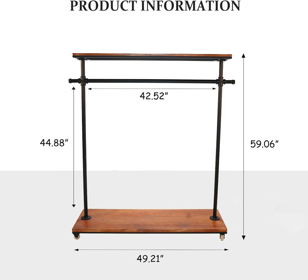 Industrial Pipe Clothing Rack, Pine Wood Shelving, Shoes Rack with Wheels, Cloth Hanger, Household Shoe Rack, Pipe Shelf, Garment Racks