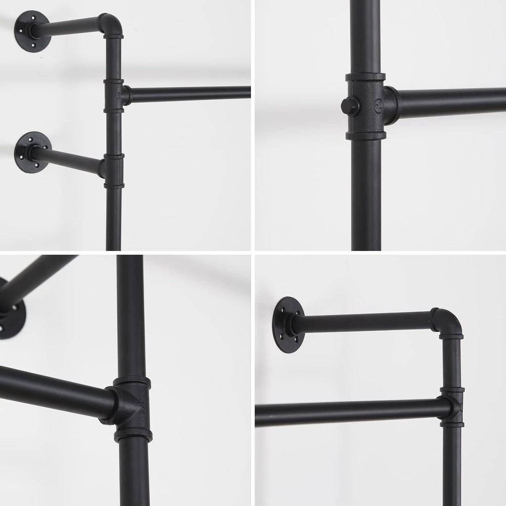Industrial Pipe Clothes Rack, Heavy Duty Detachable Wall Mounted Black Iron Garment Bar, Clothing Store Display Stands Garment Rack Closet System (125.5 x 93.7inch)