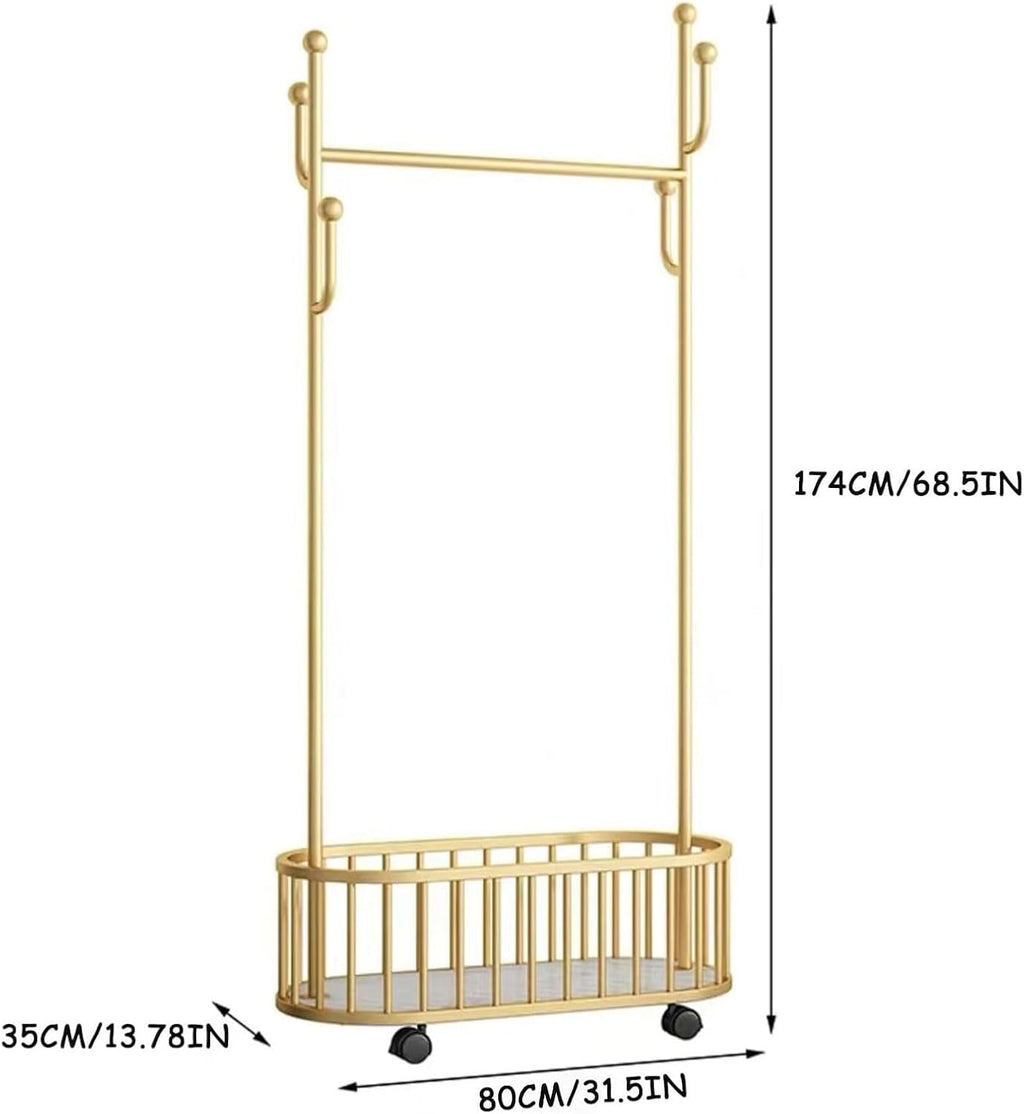 Gold Rolling Clothing Rack with Wheels and Basket Storage,31.5IN Metal Moveable Large Coat Rack Decorative Gold Clothing Rack for Hanging Clothes