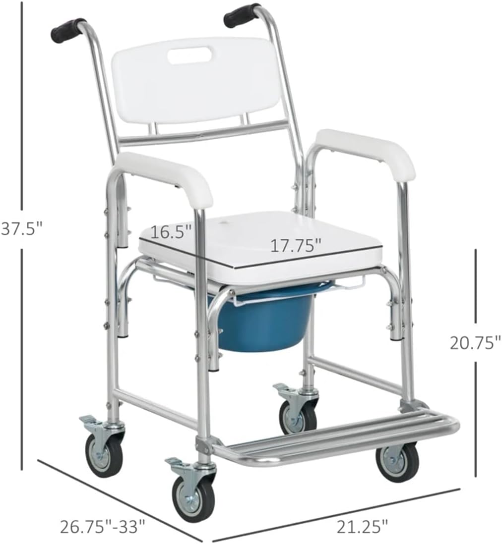 Heavy Duty Wheelchair Bedside Commode Chair Bath Shower Toilet Seat with Seat Patch Portable Medical Aid Mobility Multi-Function Elderly Handicapped People Pregnant Women Hospital Medical Chair
