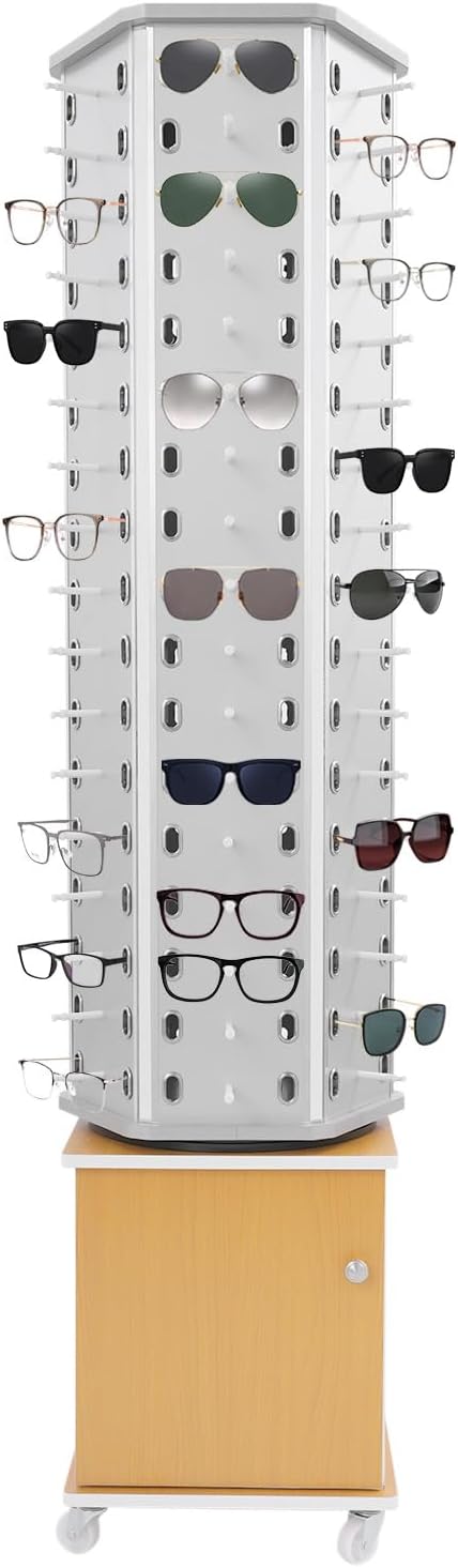 102 Pairs Glasses Rack, Floor-Standing Sunglasses Display Rack, 360° Rotating Eyewear Holder, Eyeglasses Storage Organizer, Sunglasses Display Stand with Cabinet & Wheels, Silver+Yellow