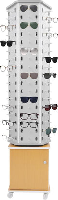 102 Pairs Glasses Rack, Floor-Standing Sunglasses Display Rack, 360° Rotating Eyewear Holder, Eyeglasses Storage Organizer, Sunglasses Display Stand with Cabinet & Wheels, Silver+Yellow