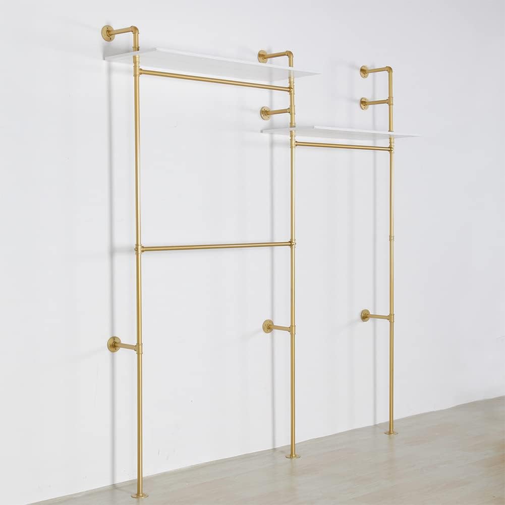 Industrial Pipe Clothing Rack Wall Mounted, Heavy Duty Hanging Clothes Rack Clothing Store Display Stands Garment Rack Closet System, 2 Tier Wood Garment Rack (Gold, 96.5x80.7inch)