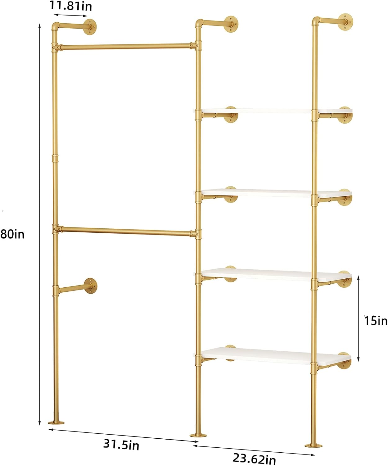 Industrial Pipe Clothing Rack, Heavy Duty Adjustable Garment Hanger with Shelves, 2 Installation Methods Closet Storage System for Wardrobe Organization (Gold, 80' H x 55' W)
