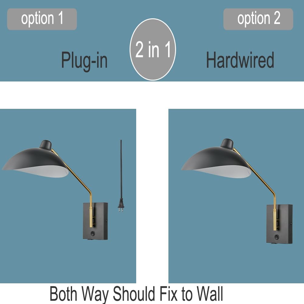 CLAXY Plug in Wall Sconces Swing Arm Wall Mounted Lighting Matte Black | E12 Home Wall Lights with USB Charge Port-Set of 2, Plug in or Hardwired Wall Mounted Lights for Bedroom Reading Room Living
