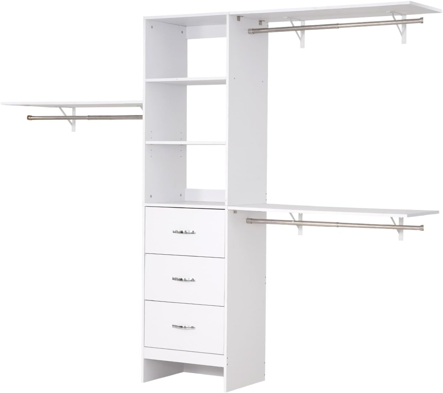 VEVOR Closet System with 3 Drawers, Adjustable Height Wooden Closet Organizers, Modern Walk-in Wardrobe Organization with 3 Retractable Clothes Hanger Rods, Freestanding Garment Rack Storage, White