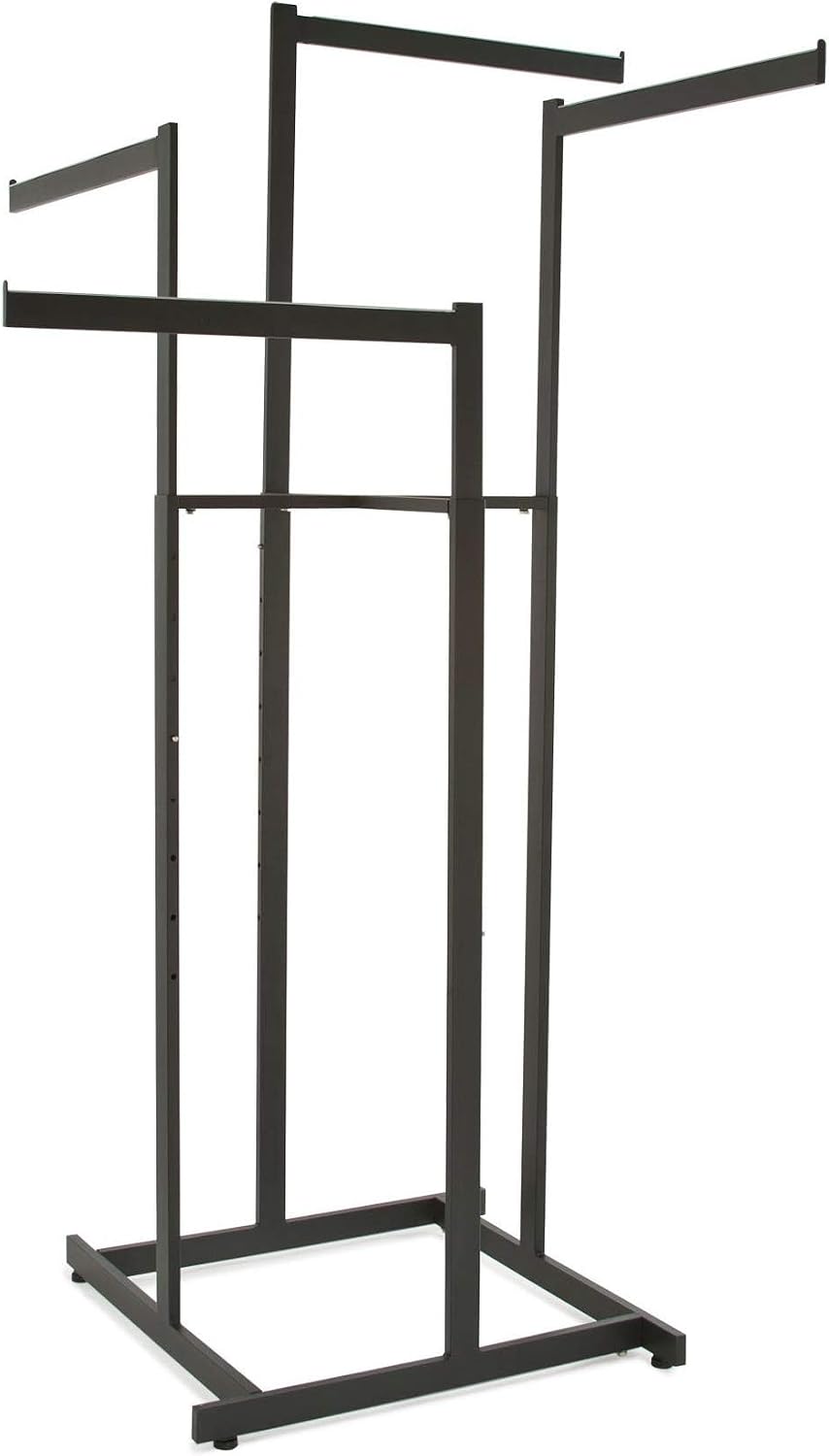 Econoco 4-Way Clothing Rack. Adjustable Straight Arm Garment Display with Rectangular Tubing and Tab Stops, Matte Black