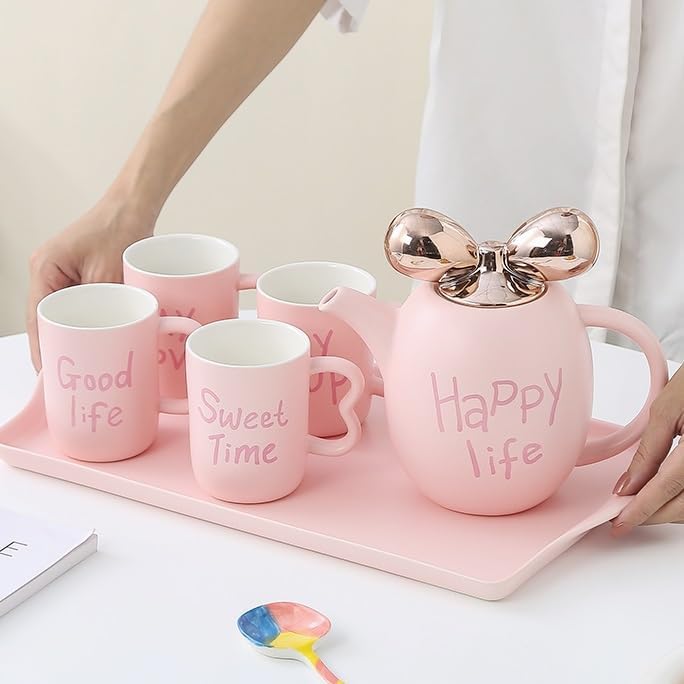 Beverage Serveware Ceramic water set tea set living room water cup coffee cup home cup set new elegant tea set Water Carafe(Pink)