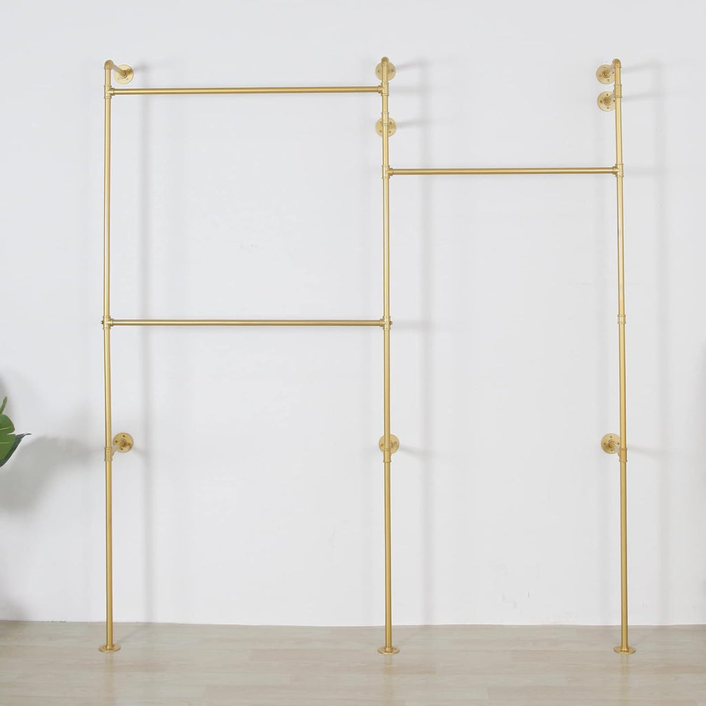 Modern Simple Industrial Pipe Double Hanging Rods Clothing Rack, Clothes Rack Wall Mounted Heavy Duty Hanging Clothes Rack, Detachable Garment Bar 93.7X84inch (Gold)